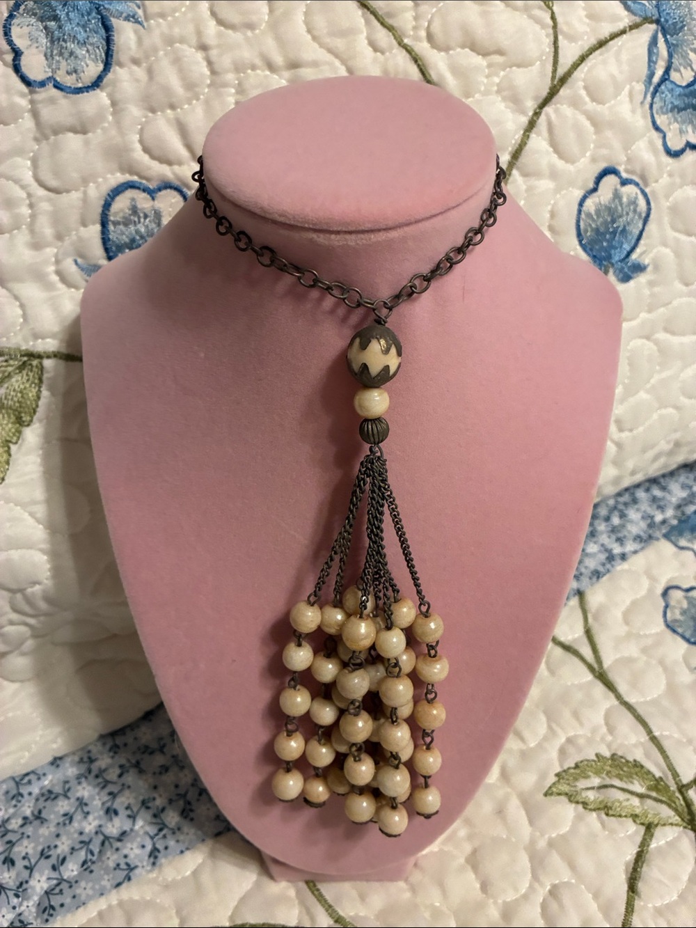 Vintage Beaded Tassel Decoration - Ivory and Antique Brass